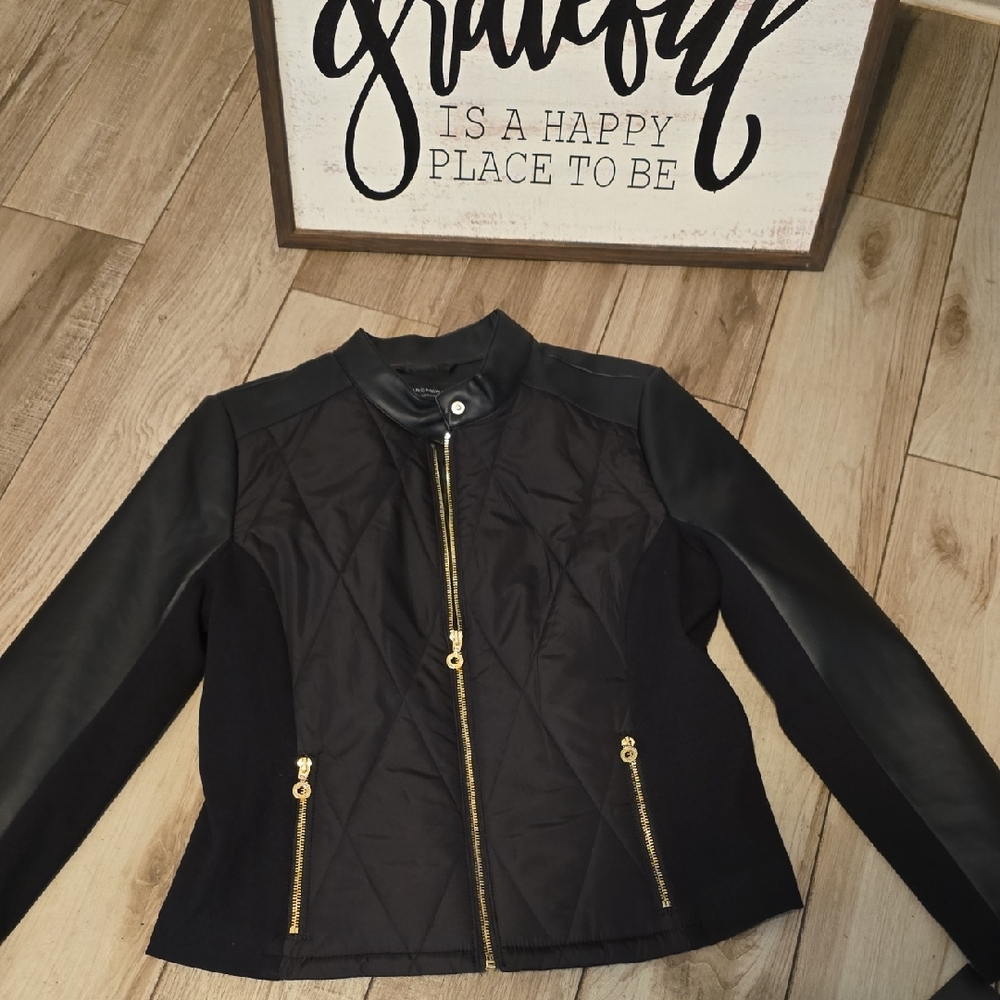 Marc New York Black Quilted Front  & Fox Leather Jacket with Gold Zippers